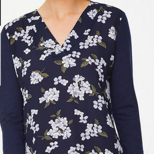 Women's Navy Floral V-neck Mixed Media Top